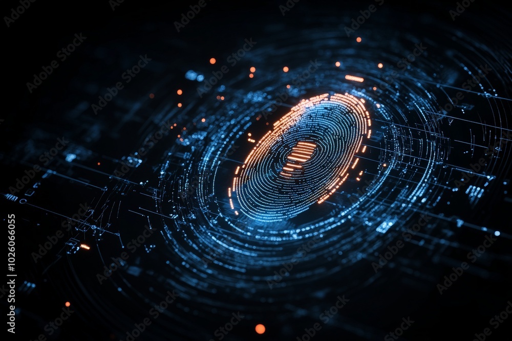 Poster a stylized digital fingerprint with glowing circuits and abstract patterns representing security, id