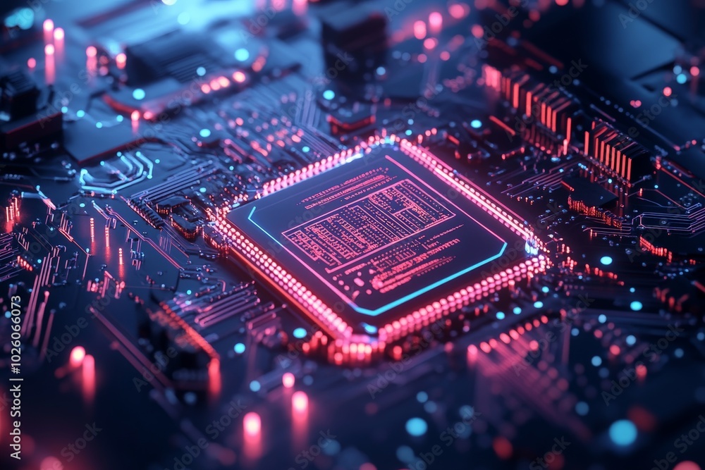 Poster a detailed close-up of a glowing microchip on a circuit board, showcasing intricate patterns and con