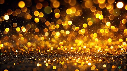 Golden bokeh lights shimmer against a black backdrop, evoking a sense of luxury and sophistication while creating an enchanting, elegant visual experience.