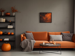 Scandinavian scandi modern minimalist cozy living room interior with fall decor. Neutral walls and couch with orange pillows