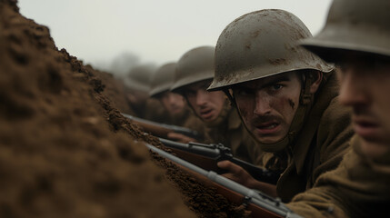 Fototapeta premium A squad of soldiers hunkering down in a trench, only their helmets and rifles visible above the dirt. Subtle and minimalist.