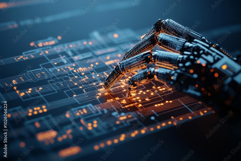 Poster a robotic hand engages with a digital circuit board, symbolizing advanced ai integration and futuris