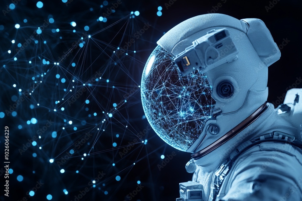 Poster an astronaut floating in a digital realm surrounded by network patterns, symbolizing space explorati