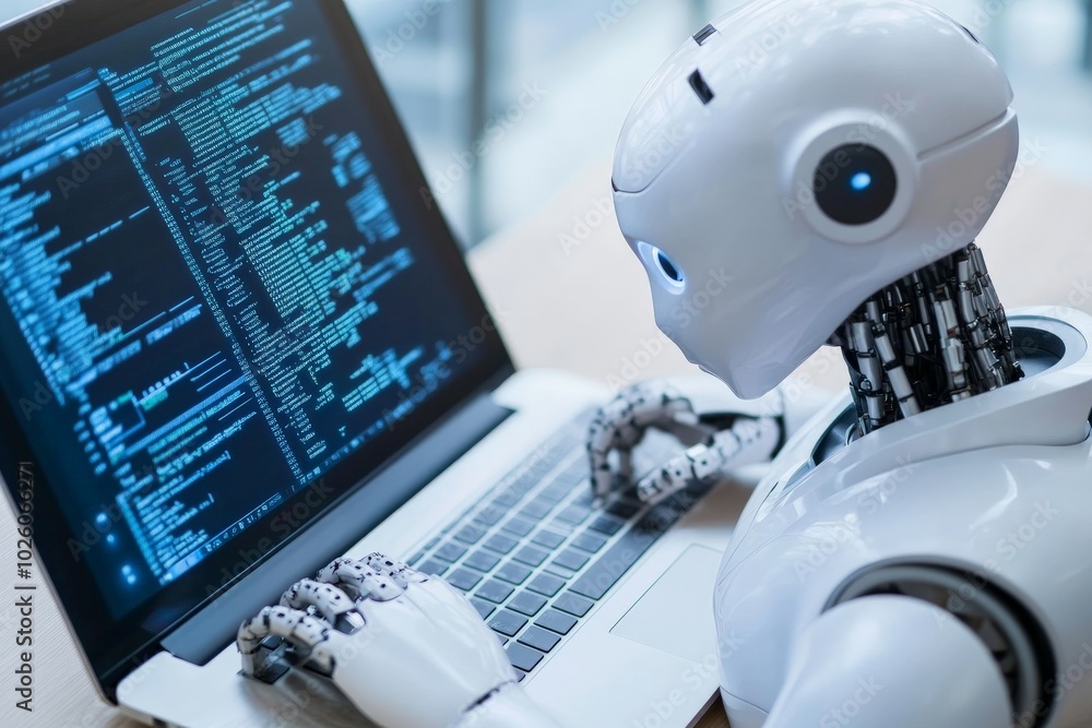Poster a humanoid robot types code on a laptop, symbolizing the convergence of ai and programming in a high