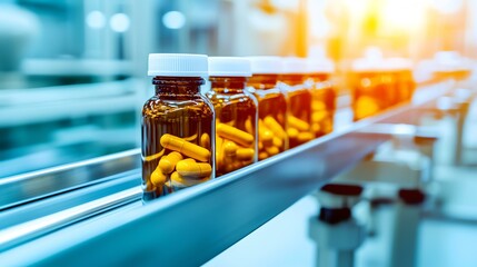 Pharmaceutical bottles moving down an automated conveyor line, highlighting the precision and sterility of medicine production close up, realistic, overlay, laboratory backdrop