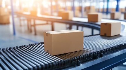 Shipping boxes being processed on a high-tech conveyor, symbolizing fast-paced e-commerce logistics, focus on, futuristic, Overlay, logistics facility backdrop.