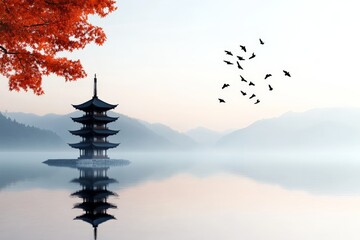 Obraz premium A serene pagoda stands elegantly amidst a tranquil lake surrounded by mountains, accented by vibrant autumn foliage and a flock of birds in a misty ambiance.