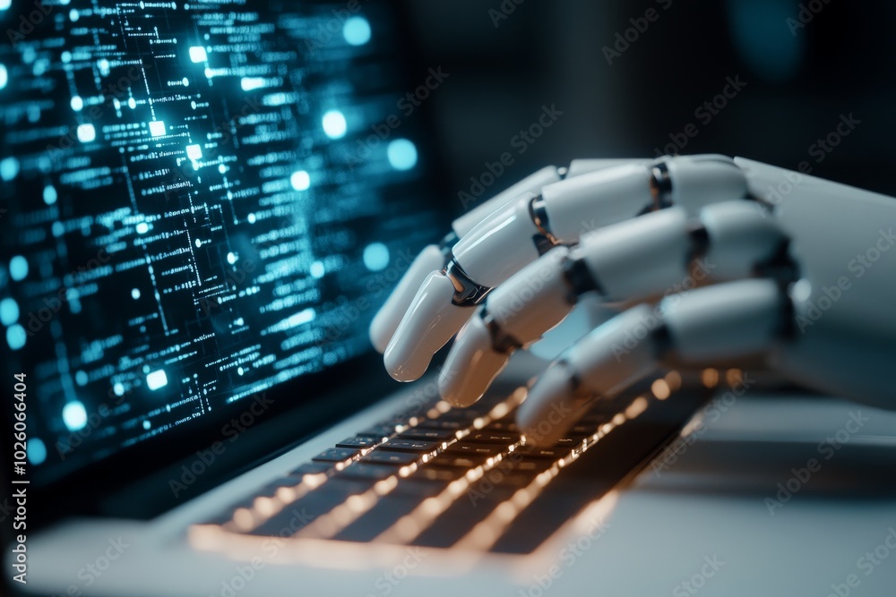 Poster close-up of a robotic hand typing on a laptop with a glowing keyboard, symbolizing the integration o