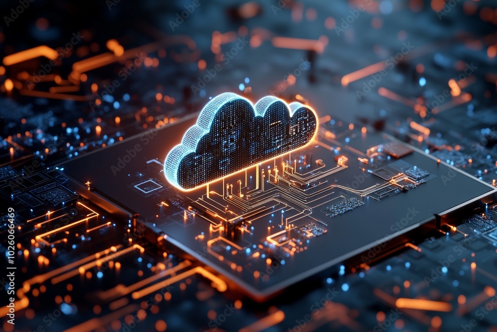 Poster a digital cloud sits on a circuit board, symbolizing modern data storage and cloud computing technol