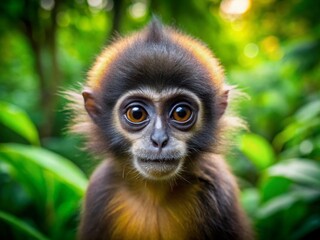 Fototapeta premium Captivating Baby Macaca Nigra Gazing at the Camera in Panoramic View