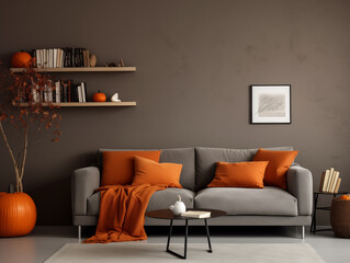 Scandinavian scandi modern minimalist cozy living room interior with fall decor. Neutral walls and couch with orange pillows