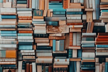Fototapeta premium A large collection of various multicolored books stacked closely on a shelf, evoking an image of endless stories, knowledge, and literary exploration in a quaint library.