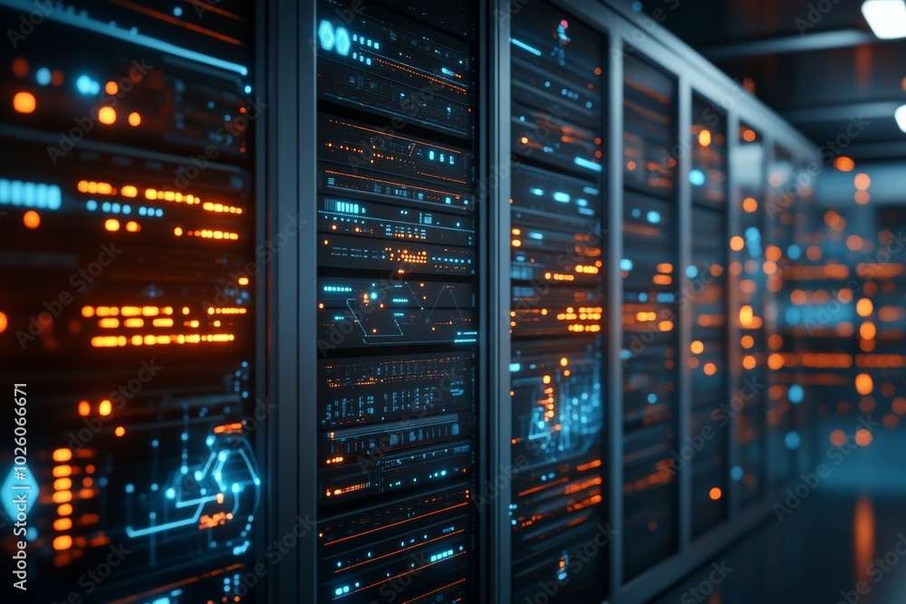 Poster an array of illuminated server racks in a modern data center, showcasing the technological and digit