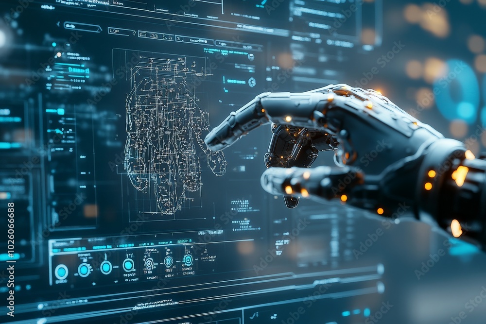 Poster a cybernetic hand interacts with high-tech blueprints displayed on a digital interface, illustrating