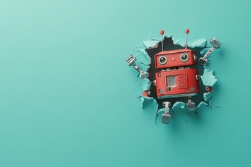 A charming red retro robot breaks through a turquoise wall, combining nostalgia with futuristic elements, creating an engaging and humorous visual effect.