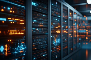 Naklejka premium An array of illuminated server racks in a modern data center, showcasing the technological and digital infrastructure essential for managing vast amounts of data.