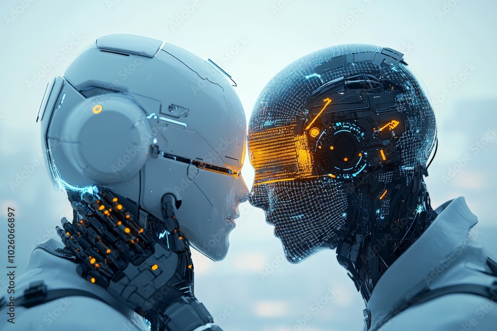 Poster this image depicts two advanced robots facing each other closely, their digital interfaces glowing, 