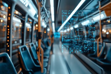 A modern bus interior featuring a digital overlay of abstract circuits and technology elements, symbolizing the integration of transport and technology.