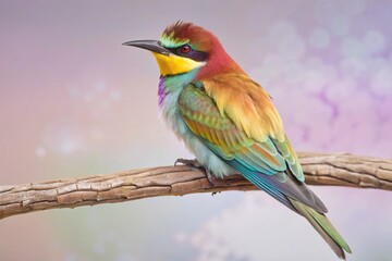 Fototapeta premium Illustrate a vibrant gathering of tropical birds on a branch, their feathers a kaleidoscope of colors against a lush background. 