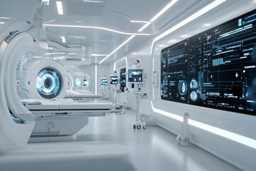 A cutting-edge medical laboratory filled with advanced machines and digital panels, symbolizing the future of healthcare and technological innovation.