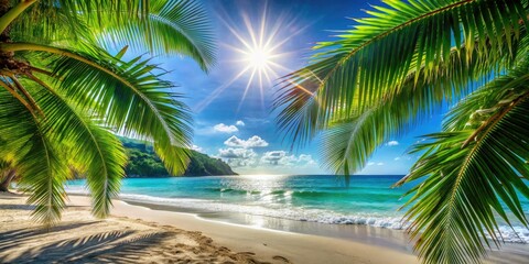 Fototapeta premium Golden sands meet vibrant blue waters, framed by swaying palm leaves. Sunlight glistens, creating a perfect summer vacation atmosphere that invites relaxation and joy.