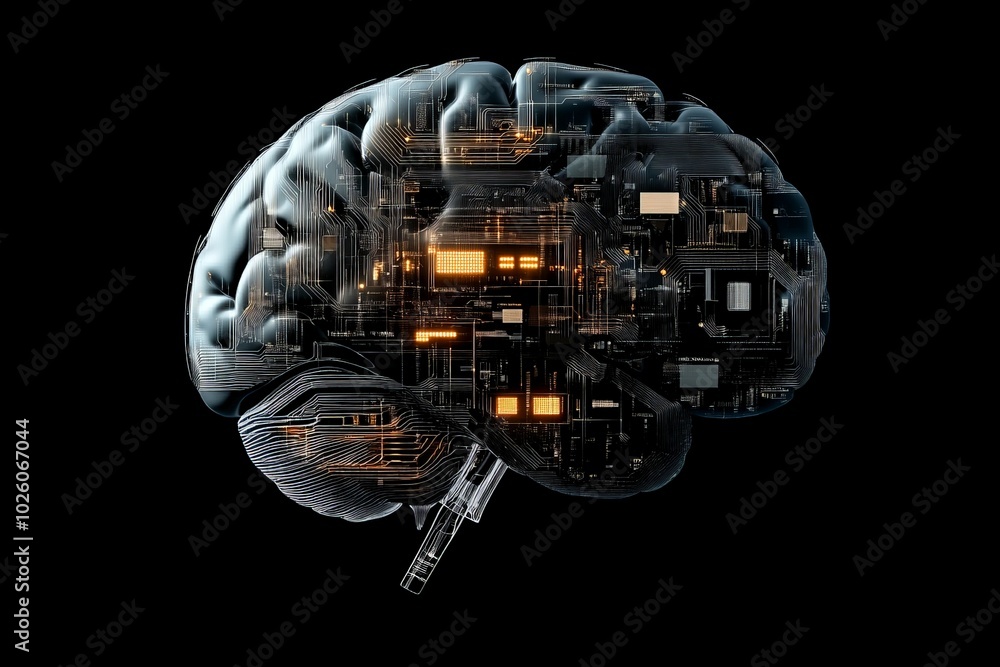 Poster a futuristic depiction of a digital brain integrates circuitry and glowing elements, symbolizing adv