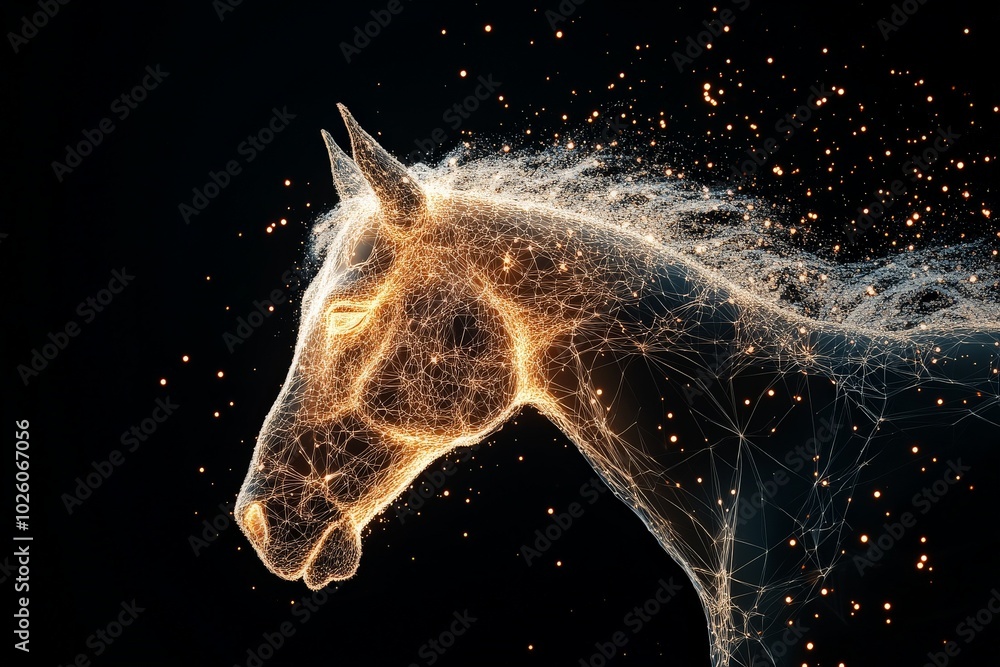 Aufkleber a luminous digital mesh forming a horse's head made of glowing points and lines, symbolizing technol
