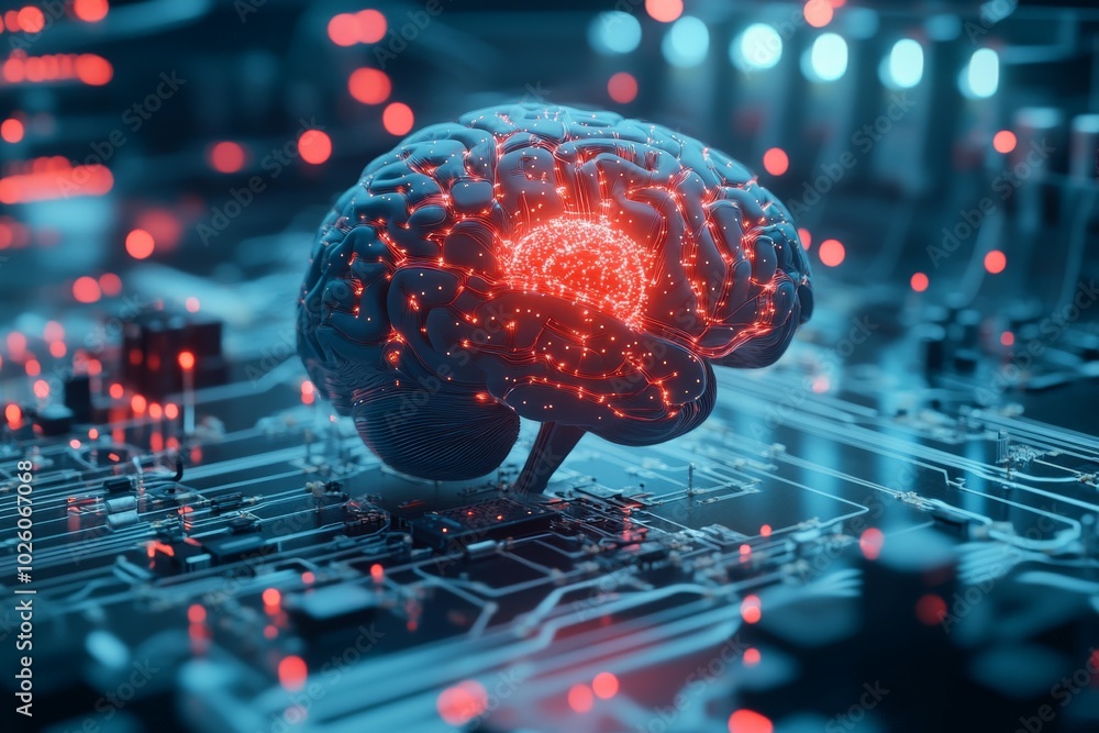Poster a conceptual image showing a digital brain symbolizing artificial intelligence hovering over a circu