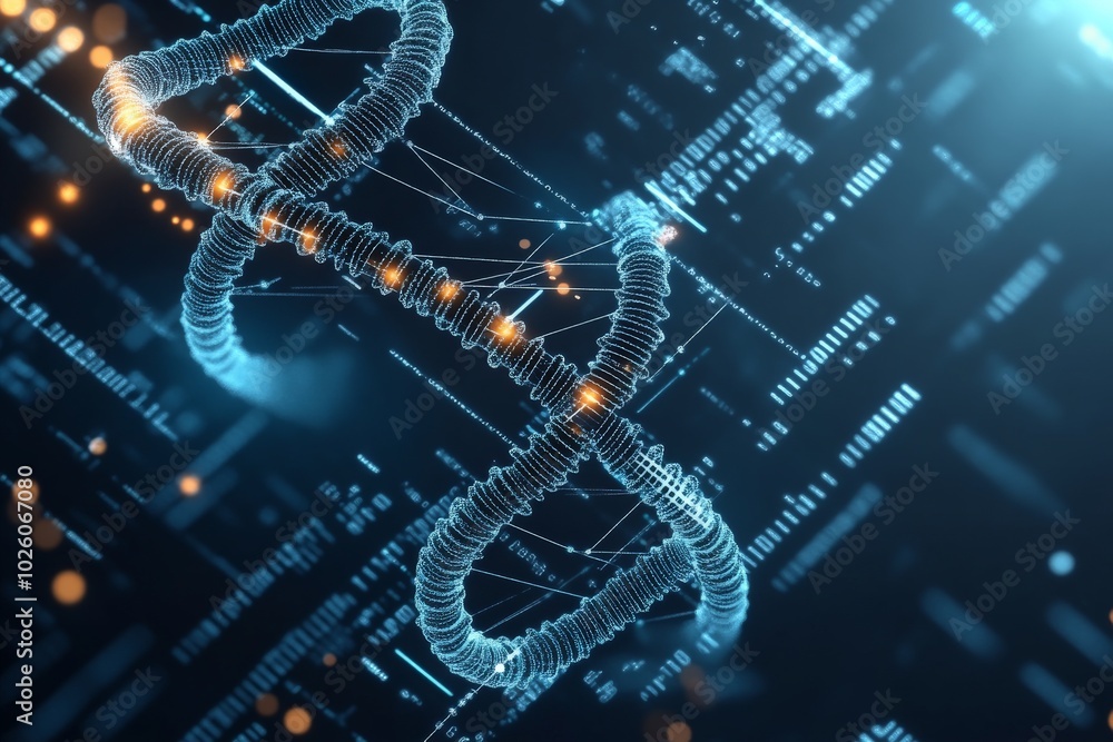 Poster a stunning representation of a digital dna helix with glowing elements and a backdrop of data stream