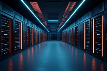 Fototapeta premium A long, futuristic server corridor, aglow with neon blue lighting, showcases cutting-edge technology advancements in a high-security digital environment.
