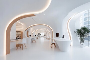A sleek, minimalist office interior features striking curved architectural design, enhanced by soft lighting, promoting a modern and innovative workspace ambiance.