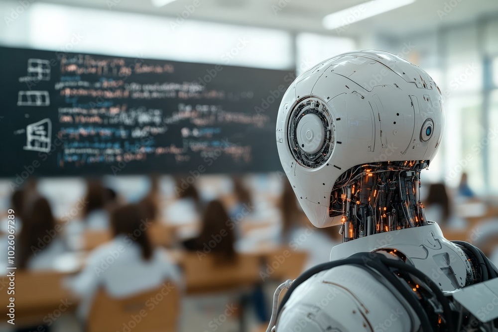 Poster a humanoid robot stands in a classroom setting, attentively observing students, illustrating the int
