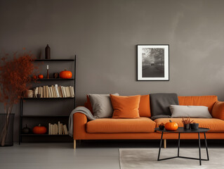 Scandinavian scandi modern minimalist cozy living room interior with fall decor. Neutral walls and couch with orange pillows