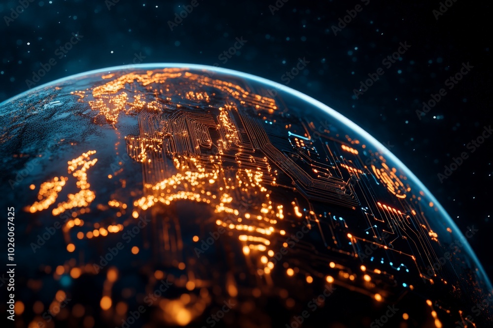 Poster a digitally enhanced image of earth glowing with illuminated circuits, symbolizing the blend of tech