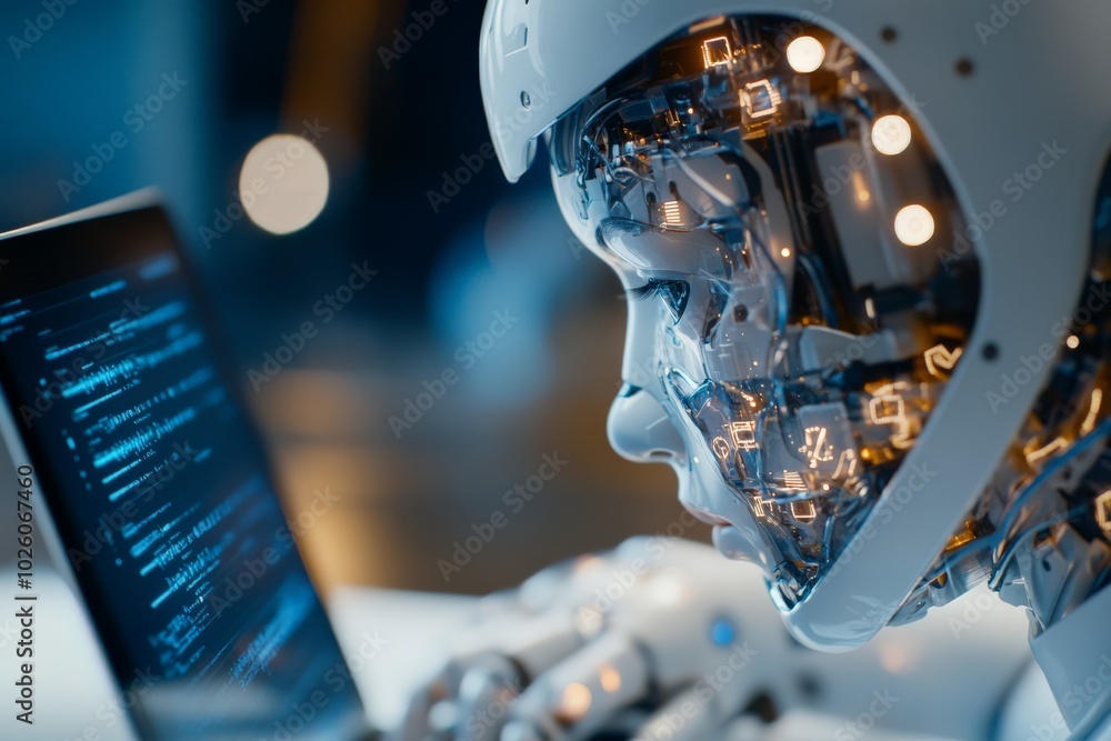 Poster a humanoid robot with visible internal circuits attentively interacts with a laptop, reflecting adva