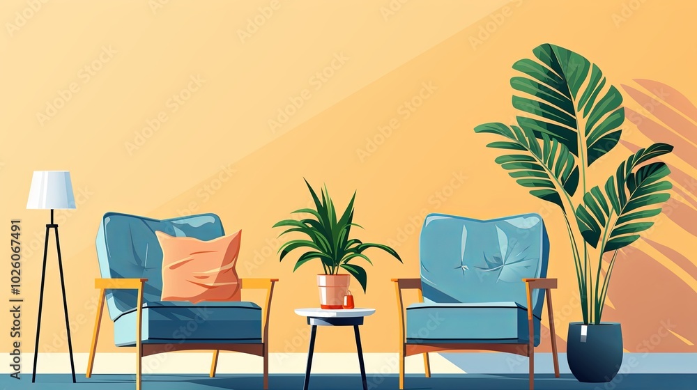 Wall mural a relaxing living room with two armchairs, a small table, and a large plant in a corner