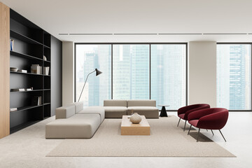 Cozy home living room interior with sofa and armchairs, panoramic window