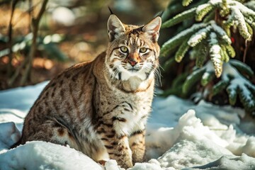 Fototapeta premium Capture a bobcat sitting quietly in the snow, its ears perked up and eyes focused, ready to pounce. 