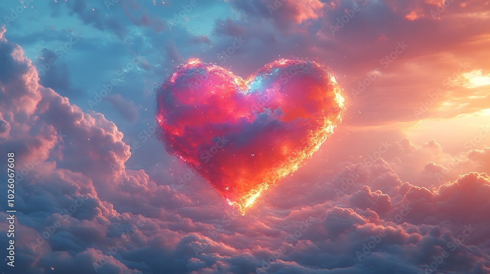 Poster abstract valentines day scene with a vivid multicolored heart floating serenely in the clouds surrou