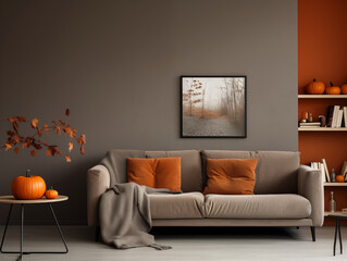 Scandinavian scandi modern minimalist cozy living room interior with fall decor. Neutral walls and couch with orange pillows