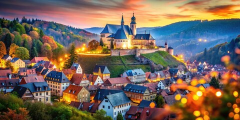 Fototapeta premium Gorgeous panoramic scene of Stolberg in the Harz Mountains, presenting a beautiful blend of ancient architecture and serene natural surroundings in one breathtaking view.