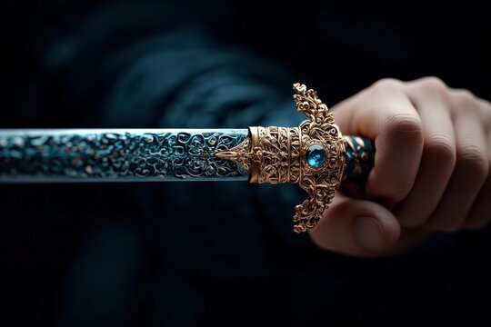 A close-up view of an intricately designed sword hilt featuring elaborate golden carvings and a large blue gem, demonstrating skilled craftsmanship and beauty in weaponry.