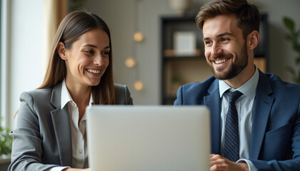 Obraz premium Colleagues Reviewing Project Plan on Laptop