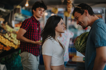 A group of friends enjoying a day out shopping for fresh fruits and vegetables at a local greengrocer. The scene captures casual interactions and a vibrant market atmosphere.