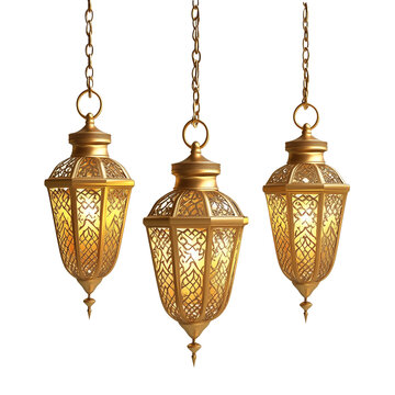 Golden arabic ramadan lantern hanging isolated on transparent background