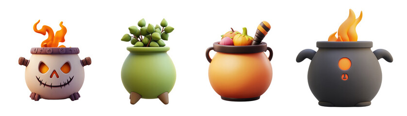 Witch's cauldron of magic potion set collection on transparent cutout background, PNG file. Mockup clipart template