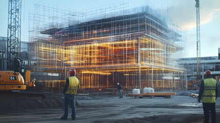 Fototapeta premium Generative AI, Holographic BIM Model Display at Construction Site for Real-Time Visualization 