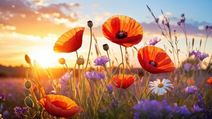 Obraz premium A vibrant field of poppies and wildflowers at sunset, showcasing nature's beauty.