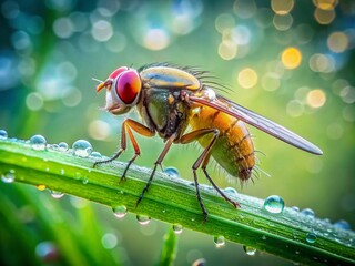 Naklejka premium Captivating Long Exposure of a Fruit Fly on Lush Green Grass for Nature Enthusiasts