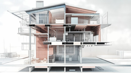 Fototapeta premium Generative AI, Complex Building Systems Showcased in BIM Cross-Section Format 